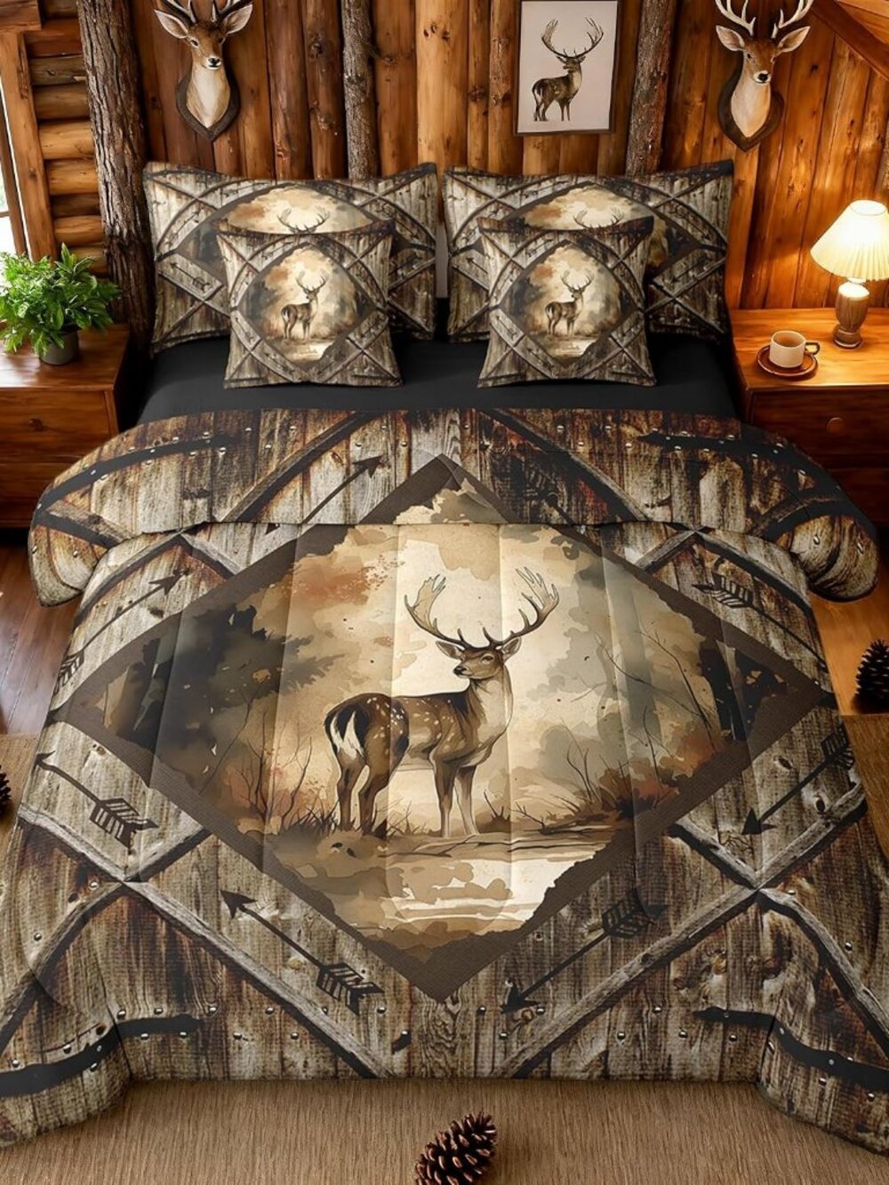 7 Pcs Watercolor Deer Bedding Set Queen Size Retro Barn Door Wooden Stripes Comf